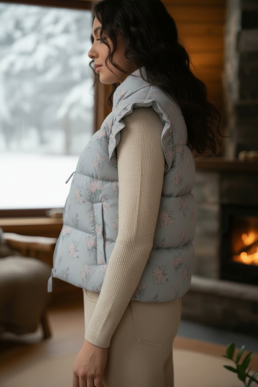 Person wearing a light blue floral-patterned puffer vest in a cozy indoor setting.