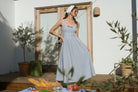 Sleeveless striped dress in a neutral taupe and white vertical pattern. This A-line summer dress features a structured corset waist dress bodice with a decorative tie-front midi neckline and a voluminous calf-length skirt with functional side pockets blue and white stripes
