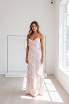 Soft draped maxi dress with ruffled straps, zipper back, and flattering silhouette in sage, blush, or beige