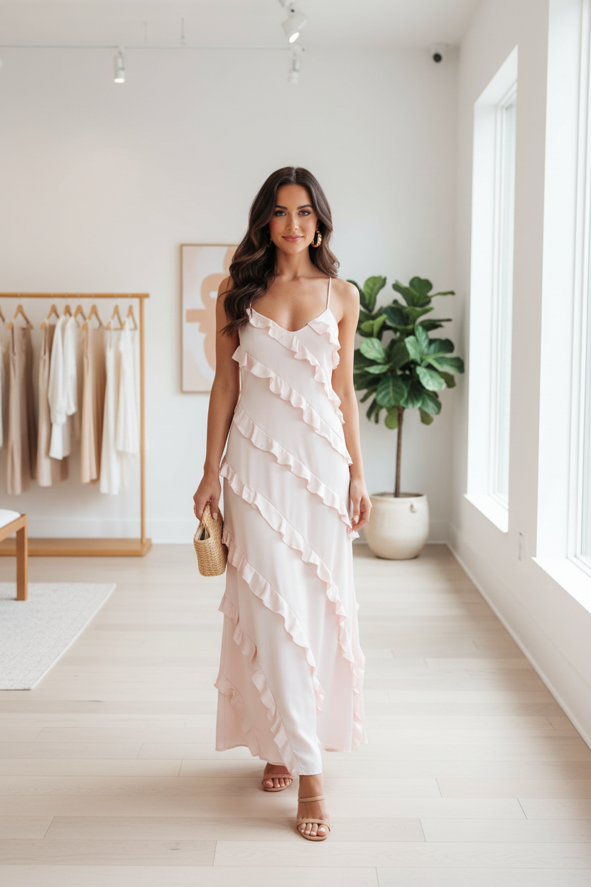 Romantic maxi dress with ruffles, spaghetti straps, zip closure, and soft flowing fabric in neutral tones