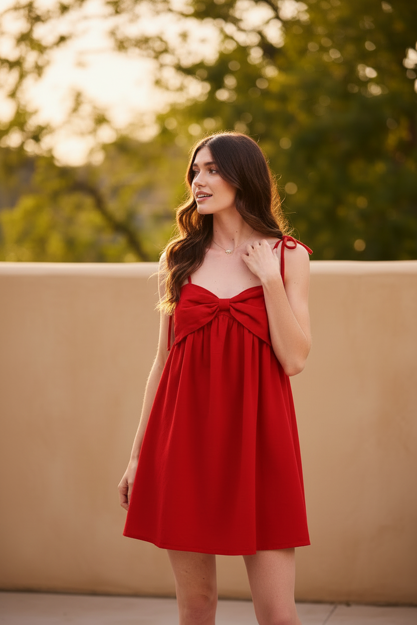 Thread Bar Boutique red mini dress featuring bow-tie straps, lightweight fabric, and flowy A-line silhouette for game day
