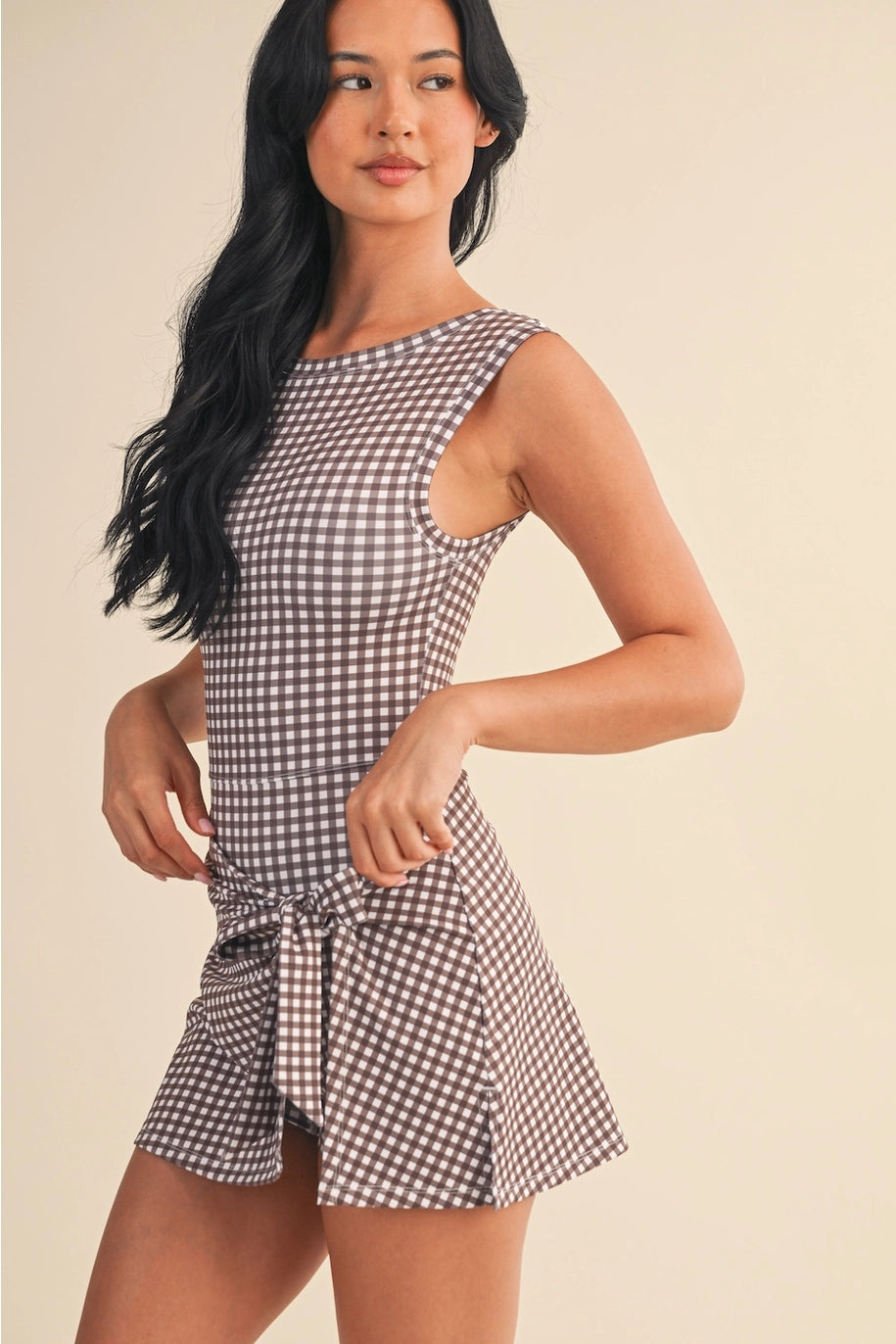 Stylish brown gingham athleisure wrap dress with built-in shorts from Thread Bar Boutique perfect for active days