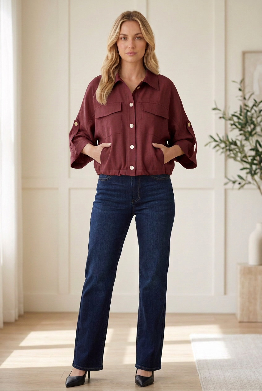 Entro burgundy lightweight utility jacket with button front, flap chest pockets and elastic hem, styled with dark jeans.