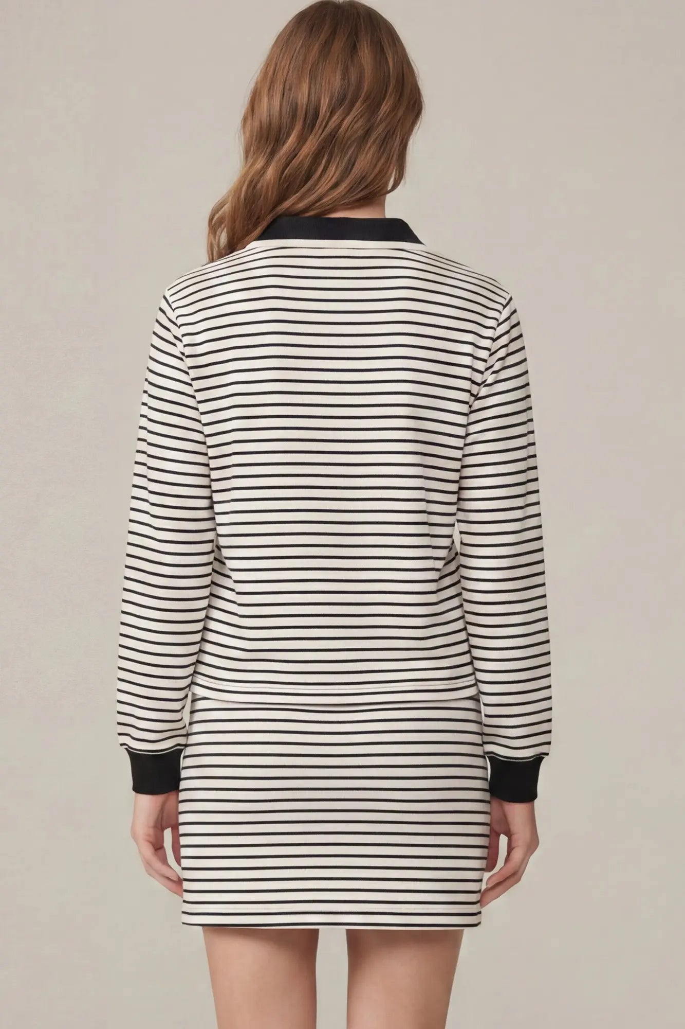STRIPED L/S POLO TOP - back view, black and white stripe long sleeve polo top