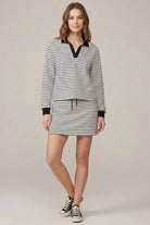 BLACK & WHITE STRIPE MINI SKIRT - full set view showing skirt with matching polo top, black and white stripe