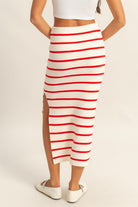 Striped bodycon sweater skirt with side slit, figure-hugging knit midi skirt, cozy fall and winter striped skirt, trendy fitted bodycon sweater skirt