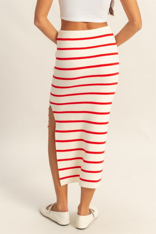 Striped bodycon sweater skirt with side slit, figure-hugging knit midi skirt, cozy fall and winter striped skirt, trendy fitted bodycon sweater skirt