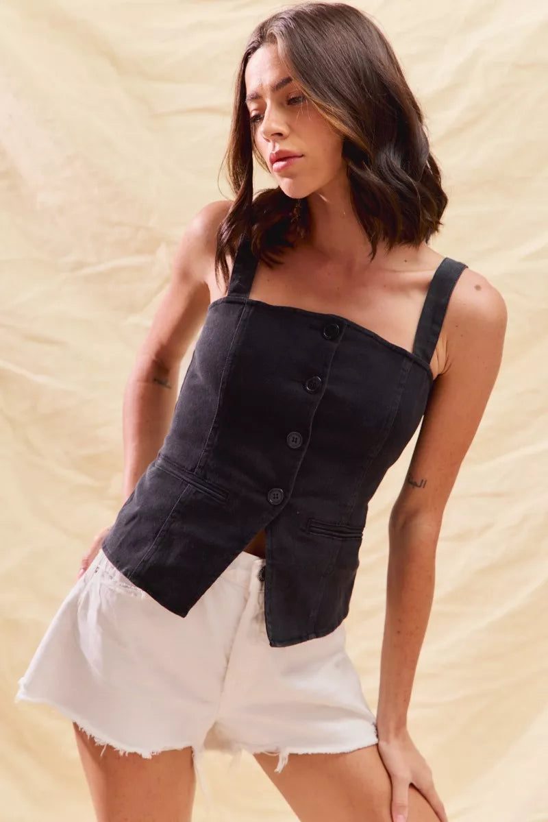 Sleeveless fitted denim top with button-down front, perfect for game day outfits and layering