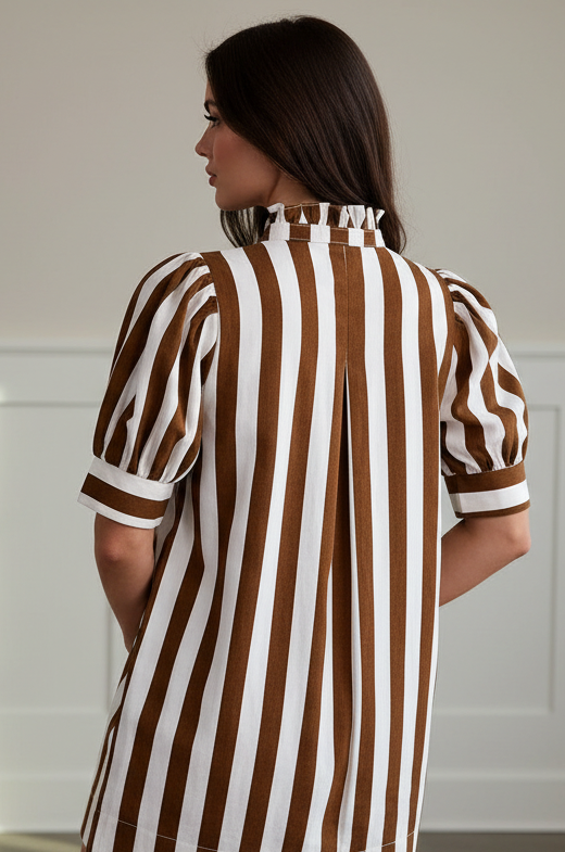 Striped cotton mini dress for women with structured puff sleeves and relaxed fit from Thread Bar Boutique