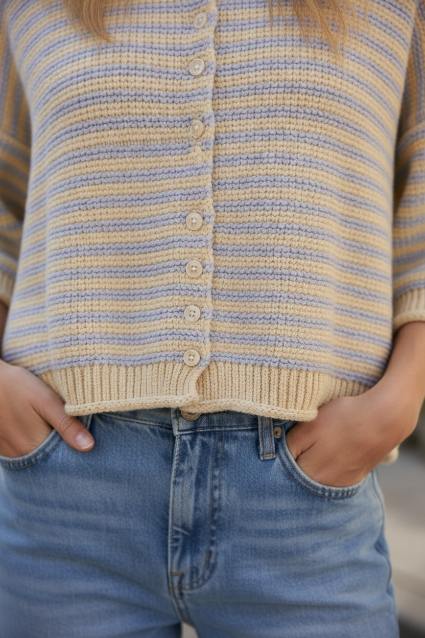 Casual oversized striped cardigan sweater for women with soft cotton blend knit, half sleeves, round neck, yellow and gray stripe design, and curly-edge trim for elevated everyday style and seasonal layering.