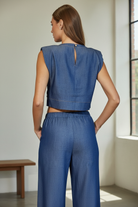 Women’s wide-leg chambray style denim pants with drawstring waistband, breathable Tencel polyester blend in indigo wash