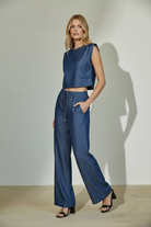 Women’s wide-leg chambray style denim pants with drawstring waistband, breathable Tencel polyester blend in indigo wash