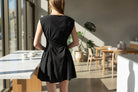 Cap Sleeve black short dress with side ruching and pocket