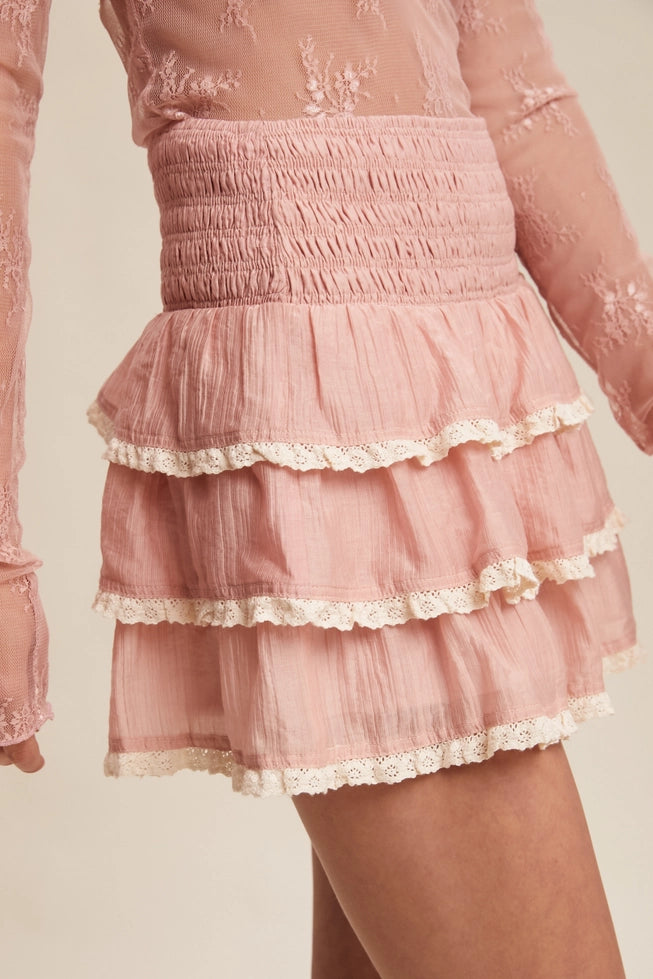 Boho lace trim skort with smocked waist and soft lightweight feel 