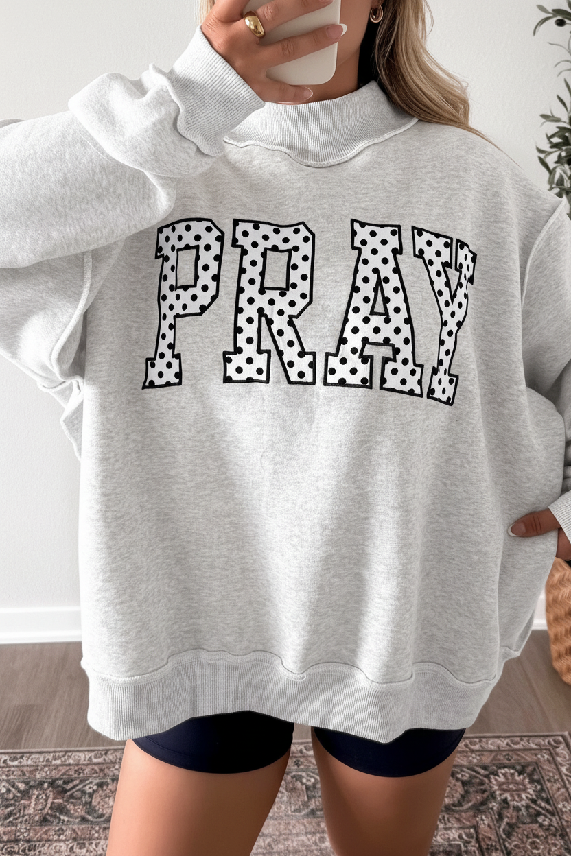PRAY embroidered mockneck sweatshirt for women, casual faith-inspired pullover