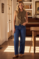 Textured corduroy button vest with scalloped hem and relaxed versatile style