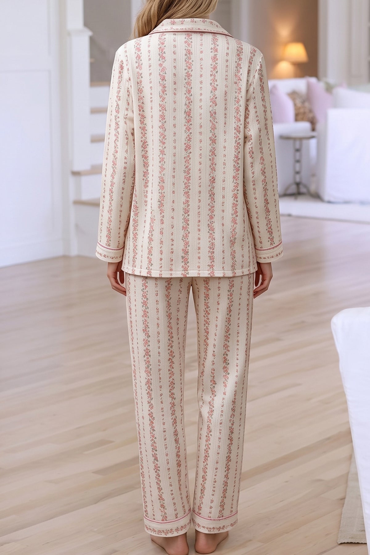 matching pajama set with vertical pink floral stripes on a cream background relaxed fit 100% cottom
