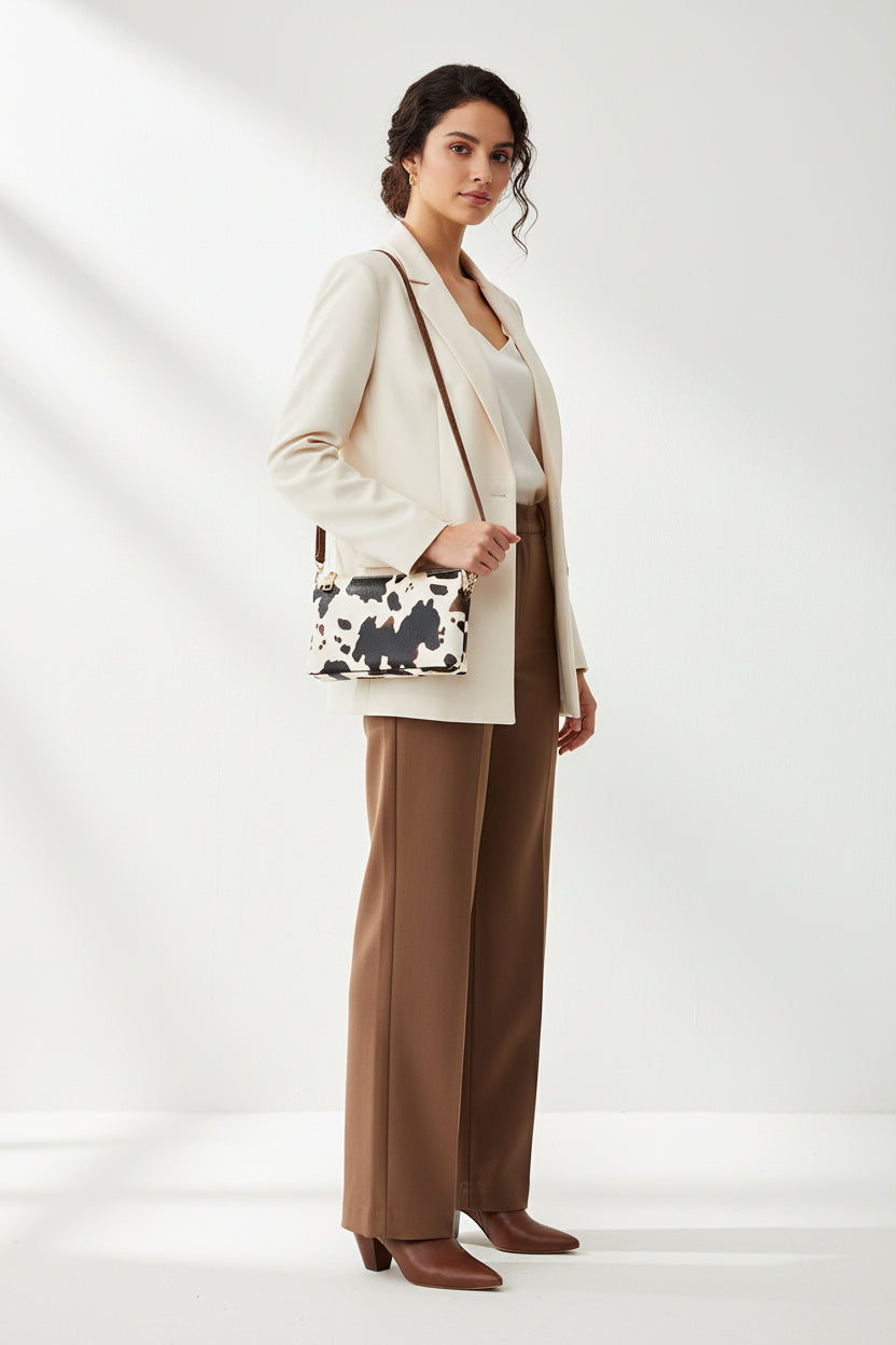 riley cow print vegan cross body wristlet