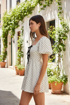 cream with black polka dots romper dress velvet bow ties