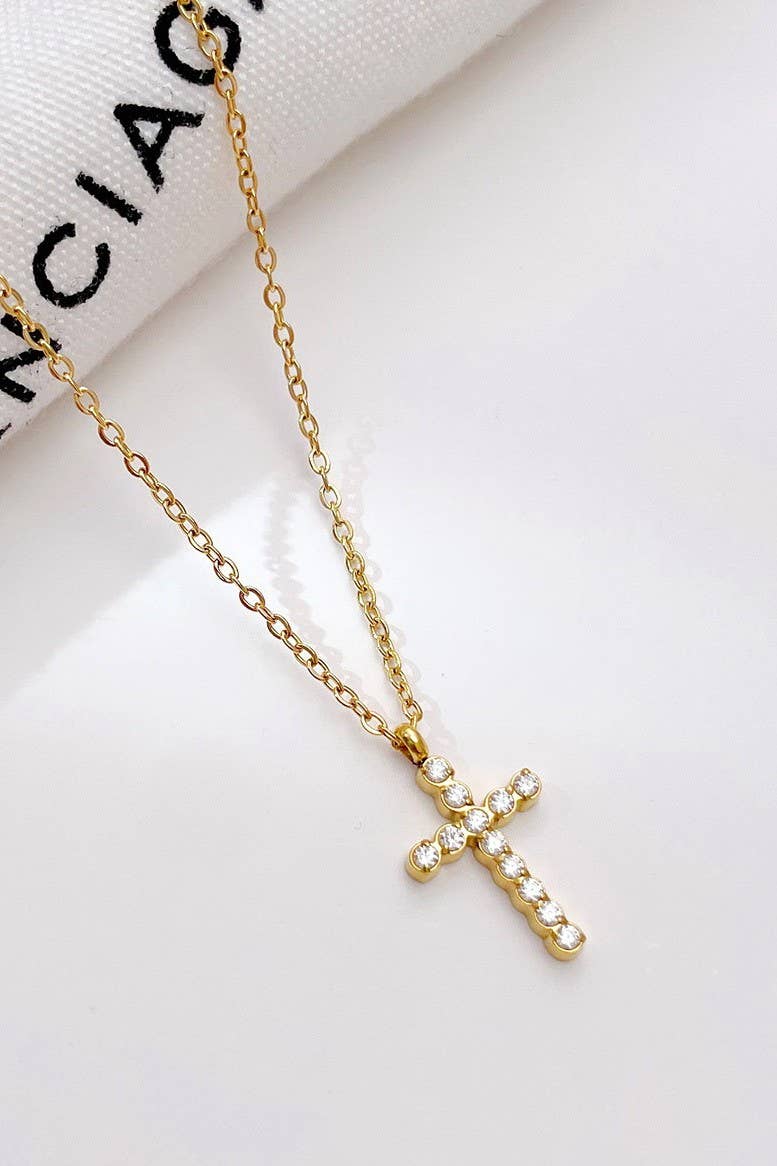 18K gold plated rhinestone cross necklace with stainless steel chain, water resistant tarnish-free everyday jewelry