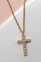 Delicate cross pendant necklace with sparkling rhinestones, adjustable 16 inch chain with extender in gold or silver finish