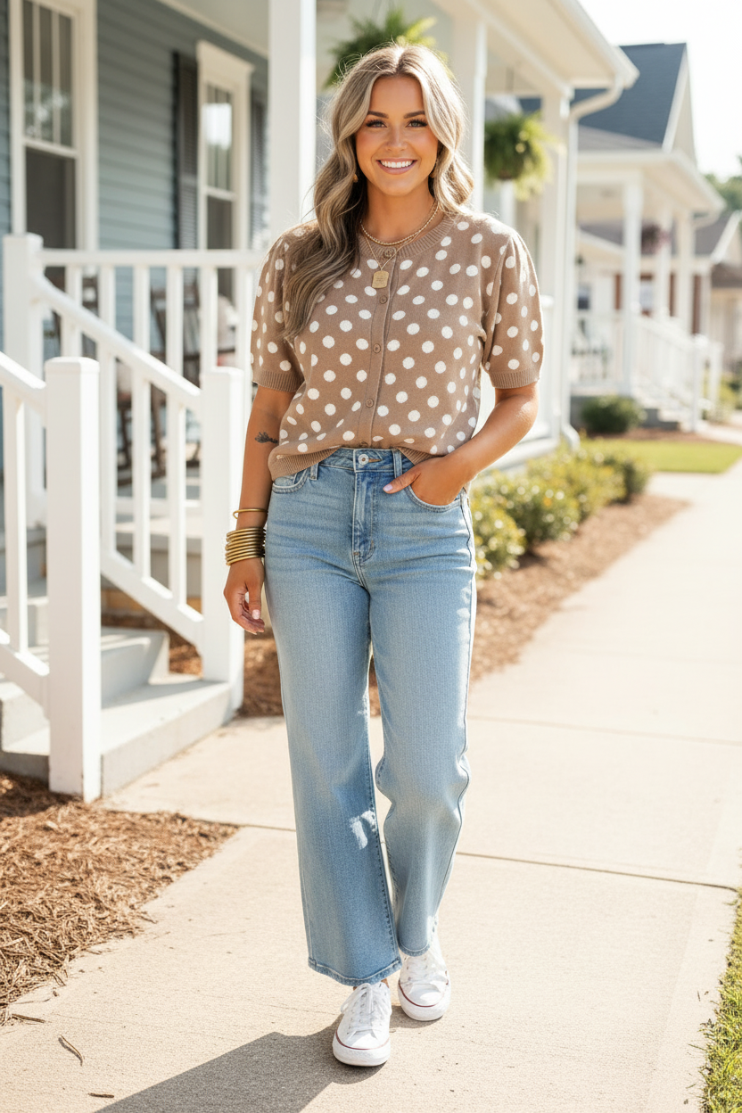 Full body lifestyle photo of blonde woman in taupe polka dot button-front knit cardigan and wide-leg jeans standing on sidewalk in front of porch with white sneakers