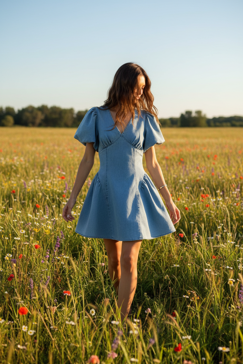 Denim puff sleeve dress with fit and flare style from Thread Bar Boutique