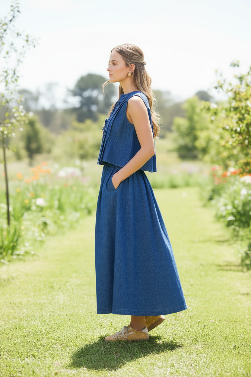 Thread Bar Boutique long denim skirt with elastic waist and pockets, flowy maxi length designed as part of a matching set