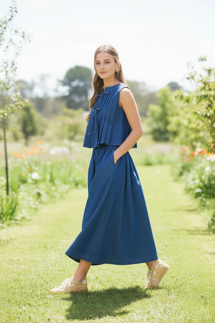 High-waisted denim maxi skirt from Thread Bar Boutique, featuring elastic waistband, flounce detail, and part of a coordinated set