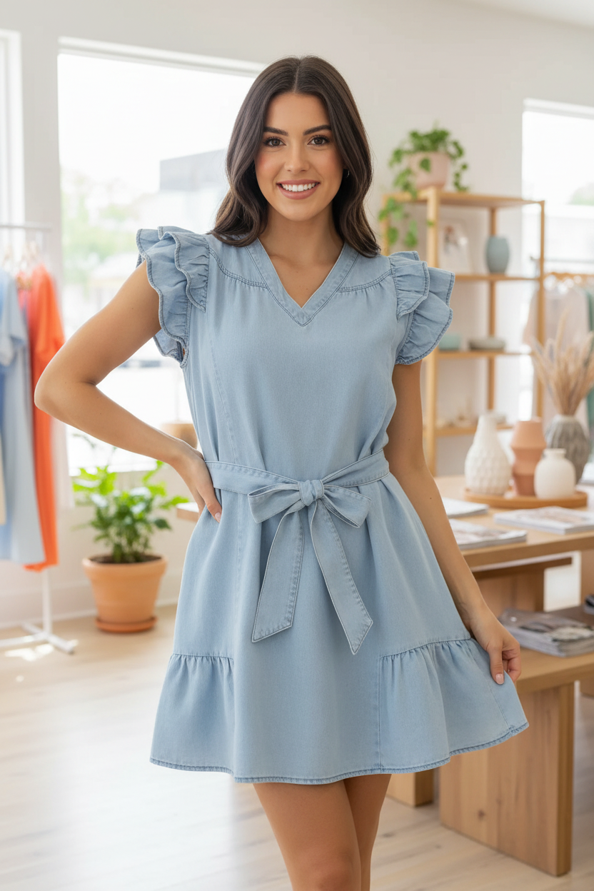 Umgee chambray babydoll dress with ruffle sleeves and tiered hem