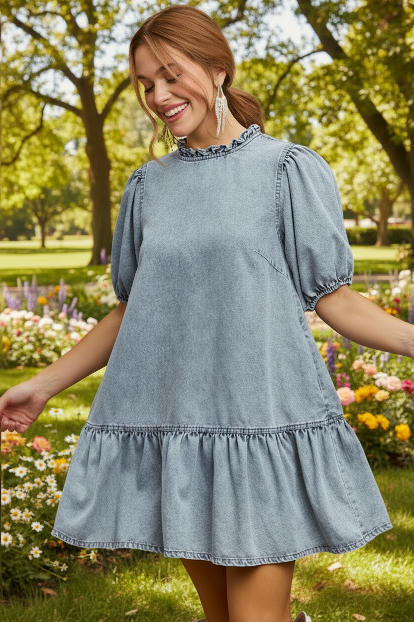 Light wash denim mini dress with puff sleeves and ruffle hem from Thread Bar Boutique casual feminine style