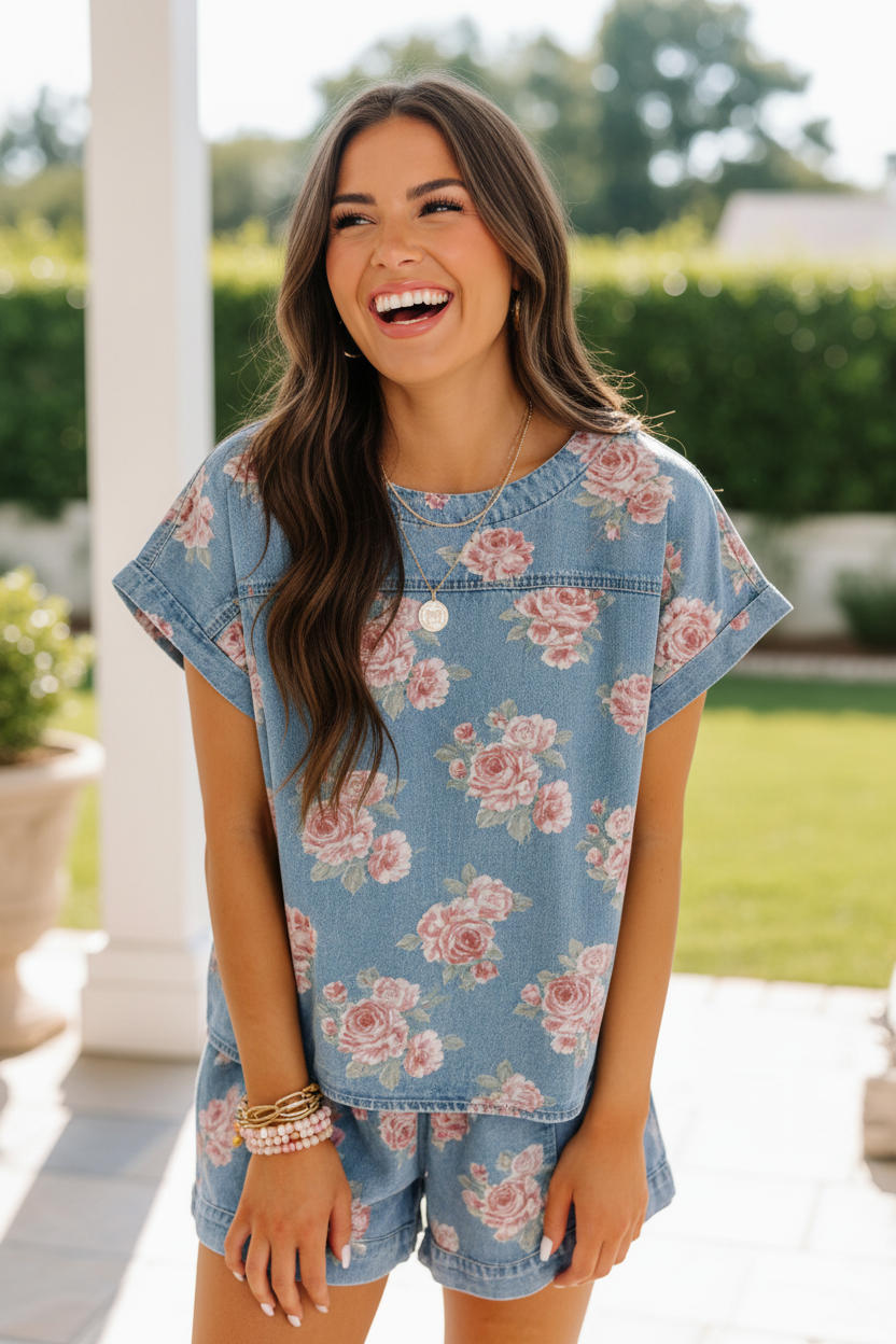 Candid lifestyle photo of brunette woman laughing outdoors in light blue denim floral matching set with pink rose print top and shorts with gold jewelry