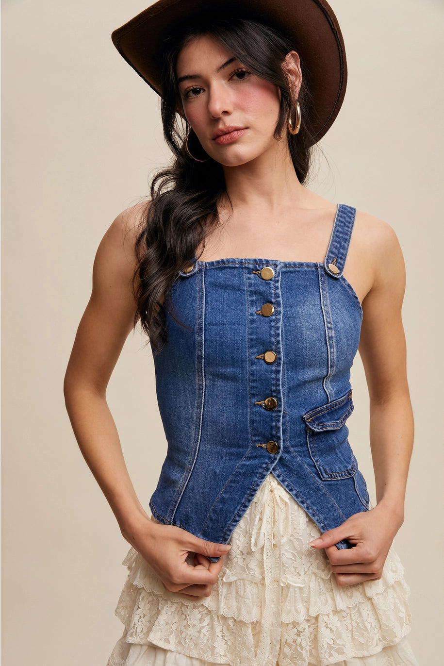 blue denim vest with gold buttons for woman from Thread Bar Boutique