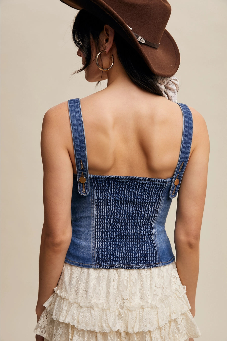 blue denim vest with gold buttons for woman from Thread Bar Boutique