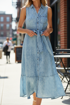 Elegant button-down midi dress in soft TENCEL fabric with belted waist and feminine ruffle trim, summer staple from Thread Bar Boutique