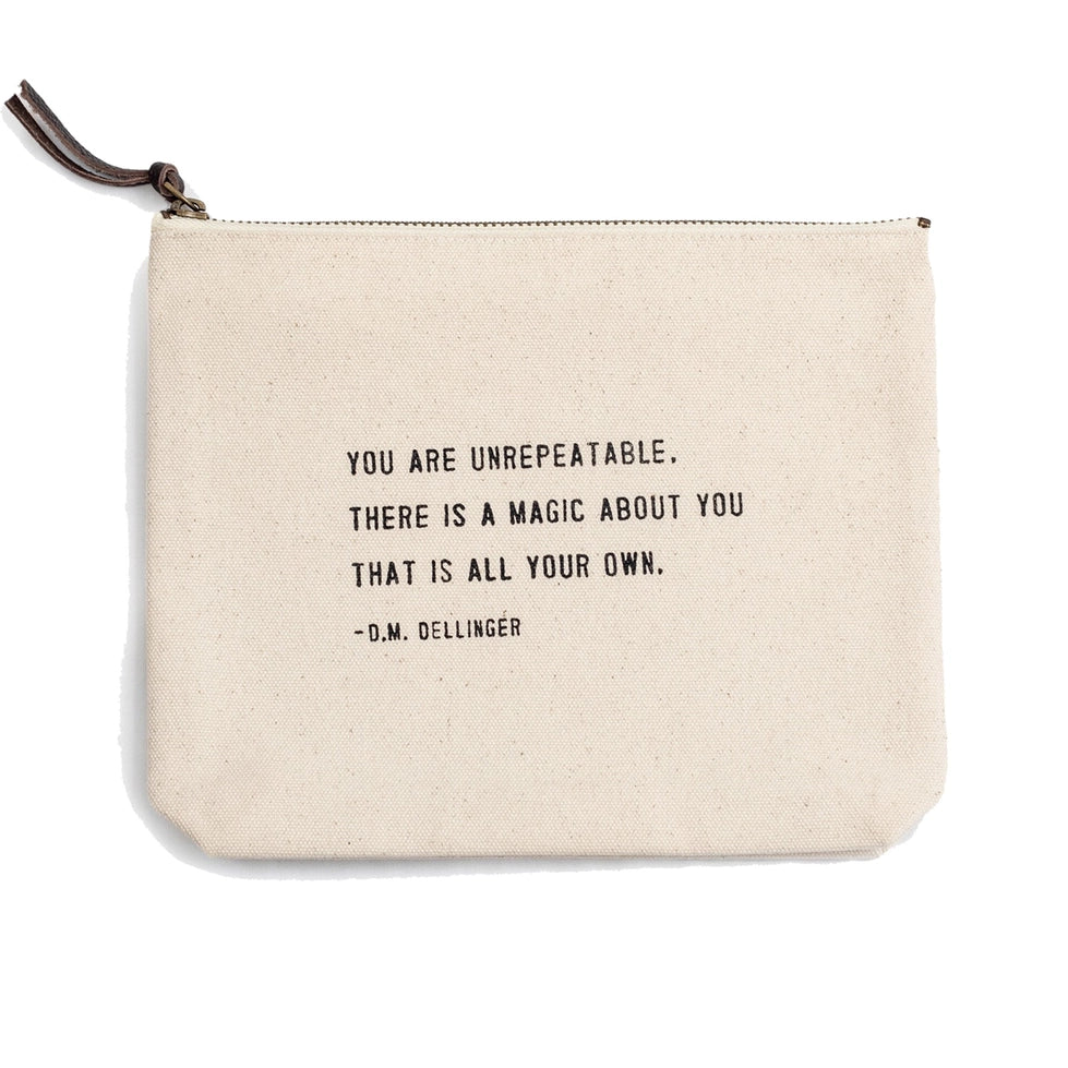 sugar boo and co Inspirational canvas cosmetic bag with secure zip closure and leather pull tab