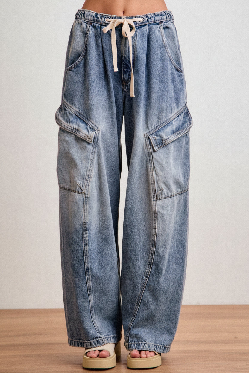 Women’s drawstring waist cargo jeans with barrel leg silhouette