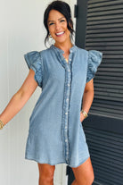 Frilled chambray denim mini dress featuring short ruffle sleeves and side pockets