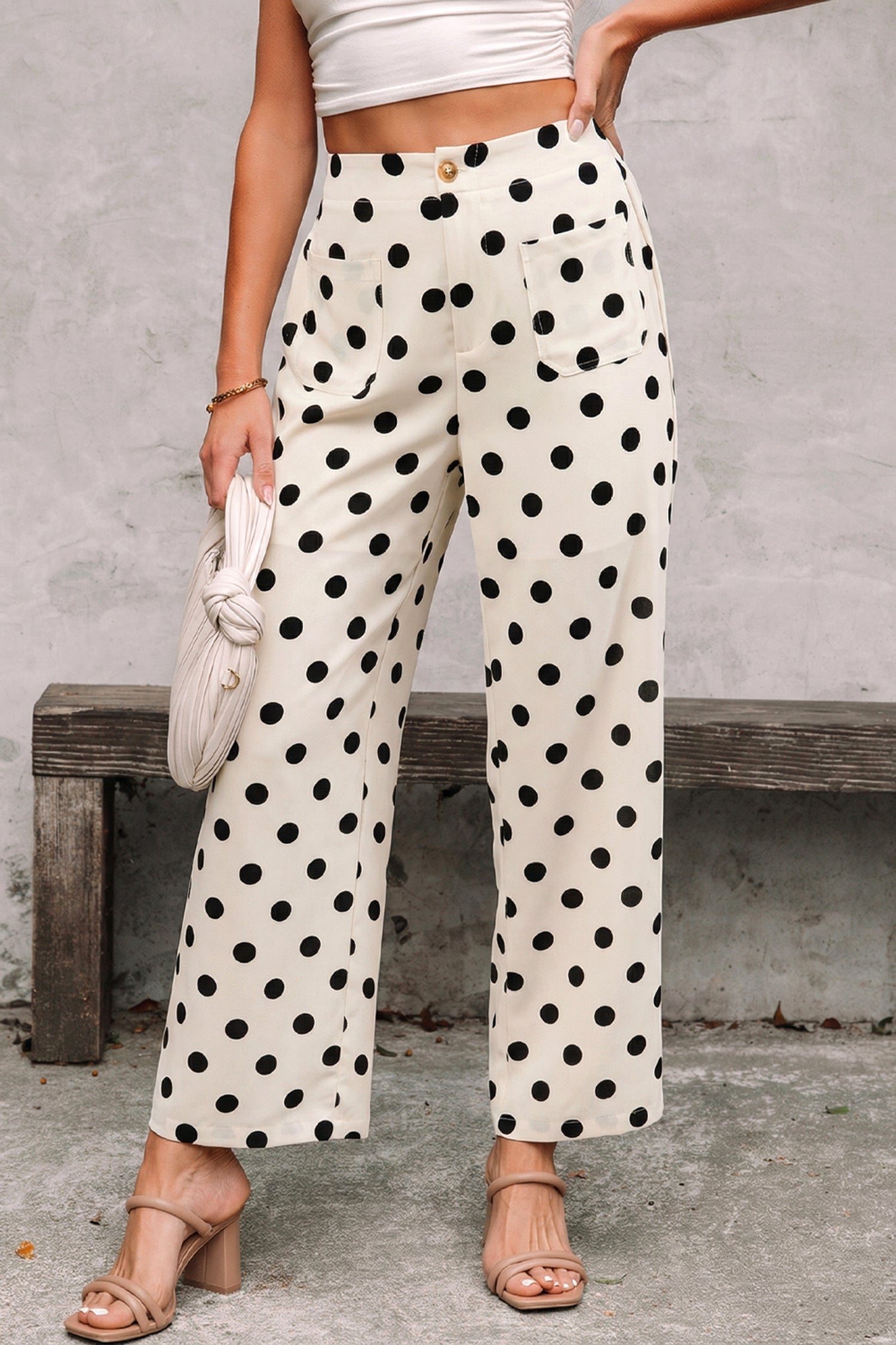 Polka dot wide-leg pants with elastic back waistband for women from Thread Bar Boutique