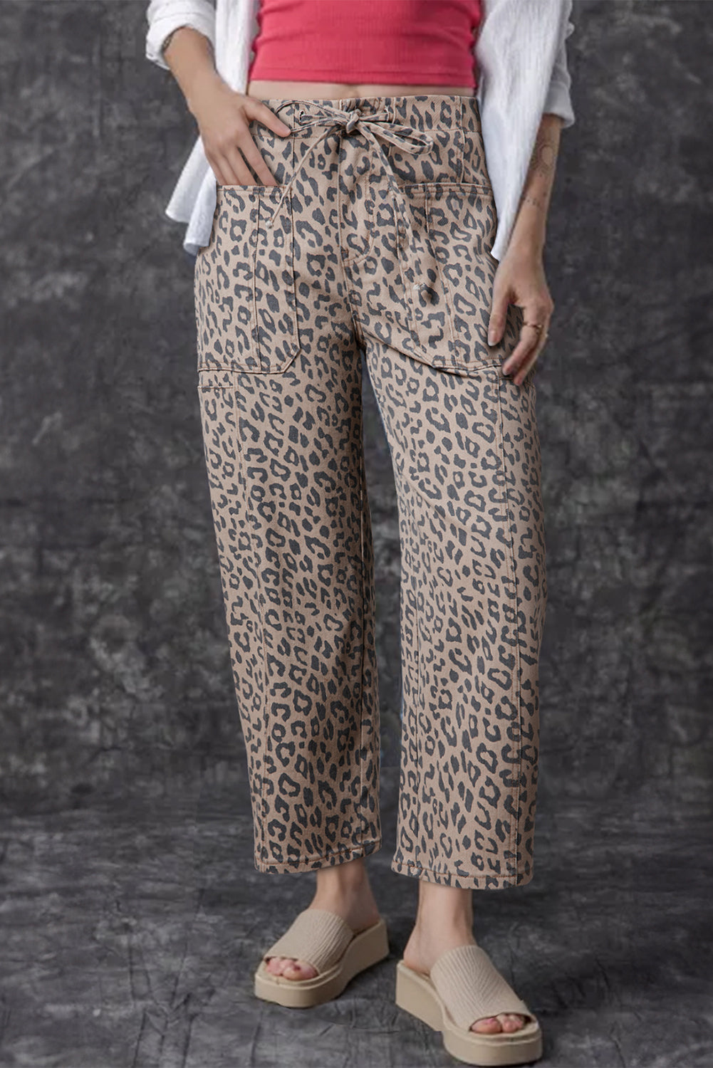 Women’s leopard print barrel leg cropped denim jeans with relaxed fit and ankle length