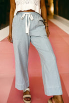 Sky Blue Stripe Mid Rise Drawstring Waist Wide Leg Jeans