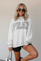 Embroidered PRAY mockneck pullover for women, trendy casual sweatshirt