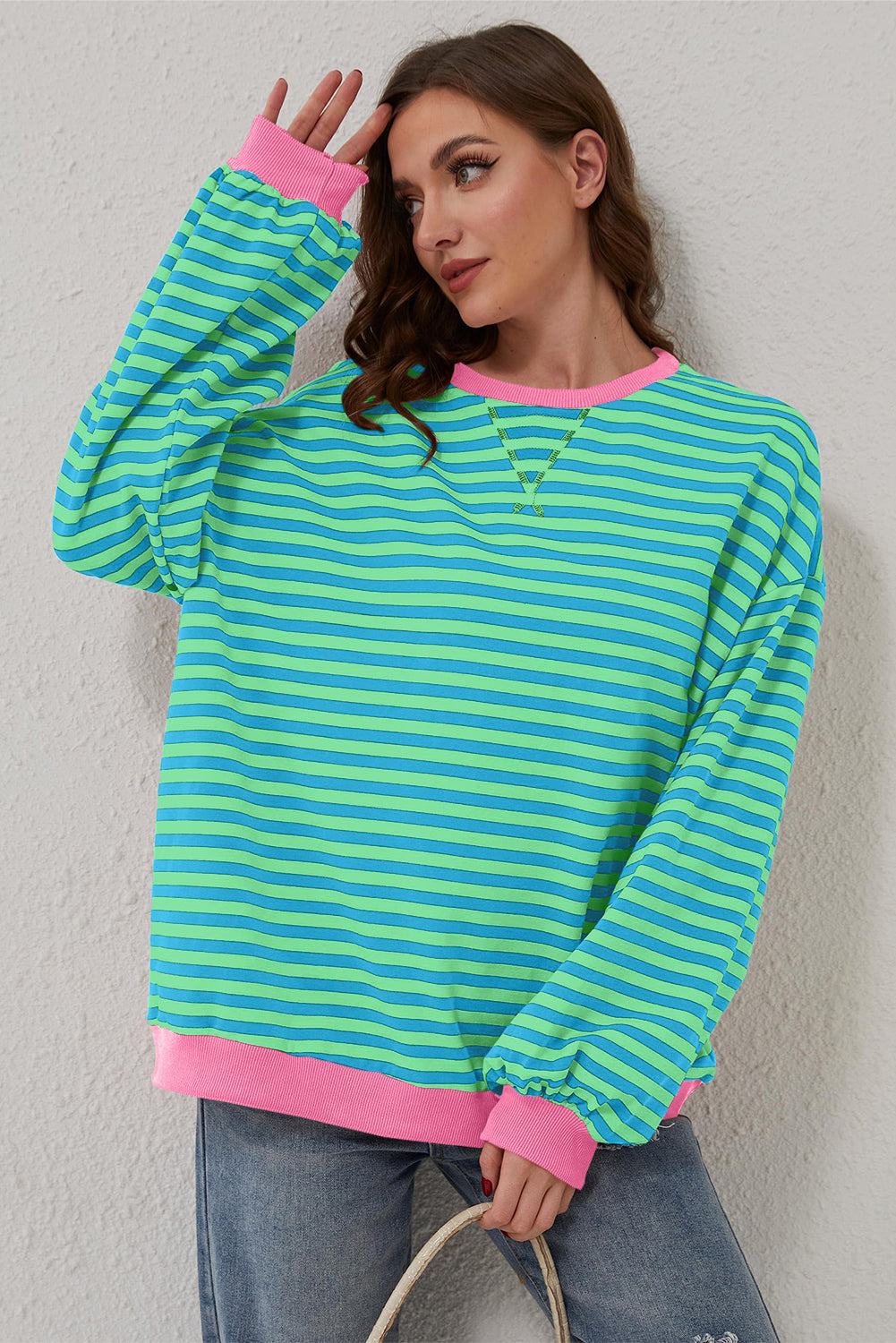 Women’s Casual Cool Stripe Oversized Sweatshirt with drop shoulder and contrast trim in relaxed fit, styled with denim