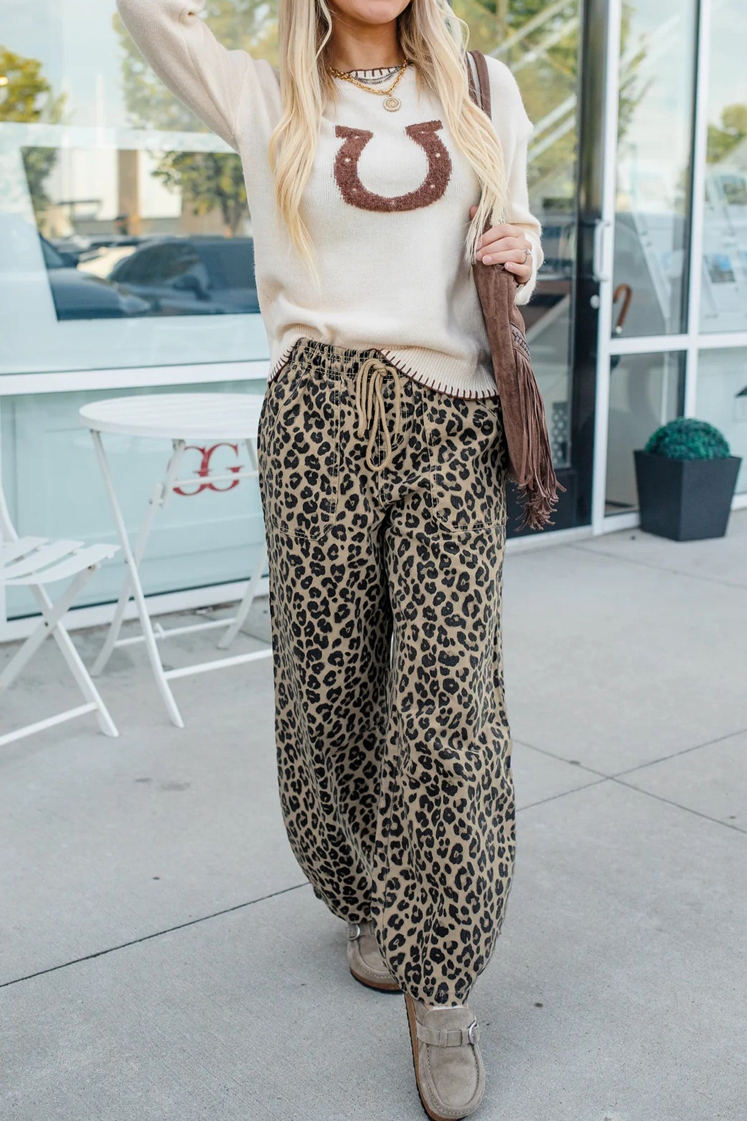 Women’s leopard drawstring jeans relaxed fit