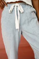 Sky Blue Stripe Mid Rise Drawstring Waist Wide Leg Jeans close up