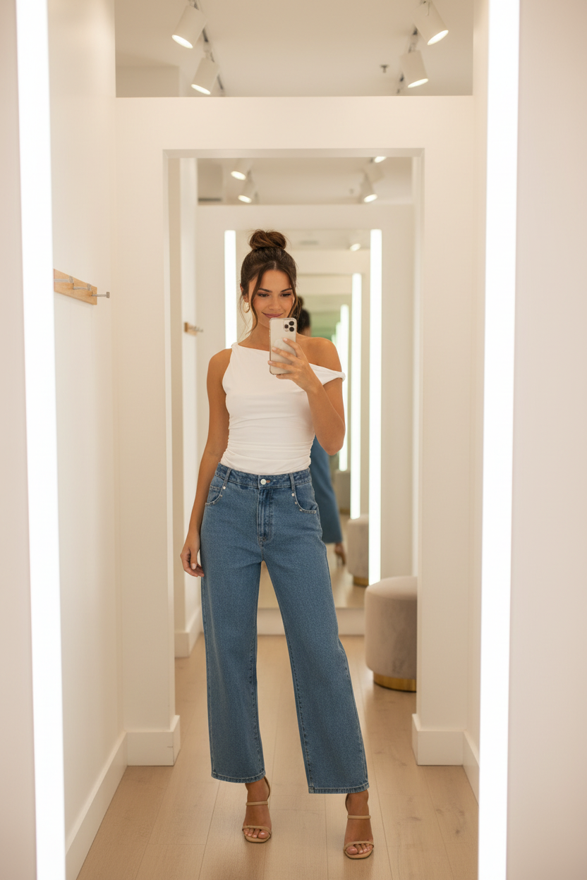 Fitted off-shoulder top with asymmetrical design, soft stretchy nylon blend, and sleek modern look