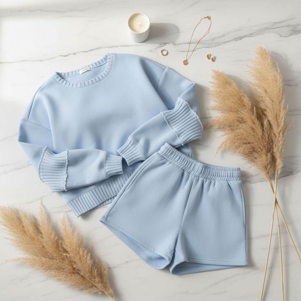 Lake Blue Vintage Havana Fleece Set - Partially Folded Flatlay