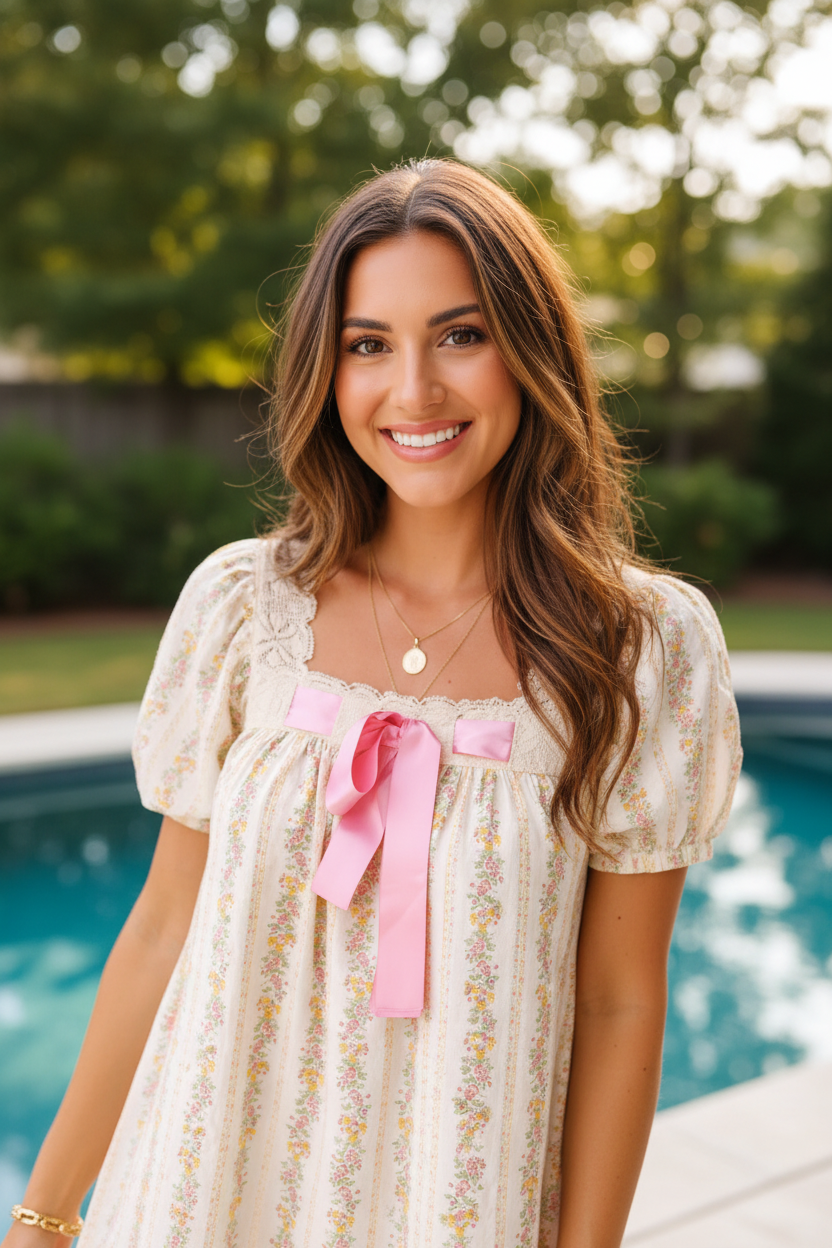 Close-up portrait of Rosalina cream floral babydoll mini dress with pink bow neckline detail