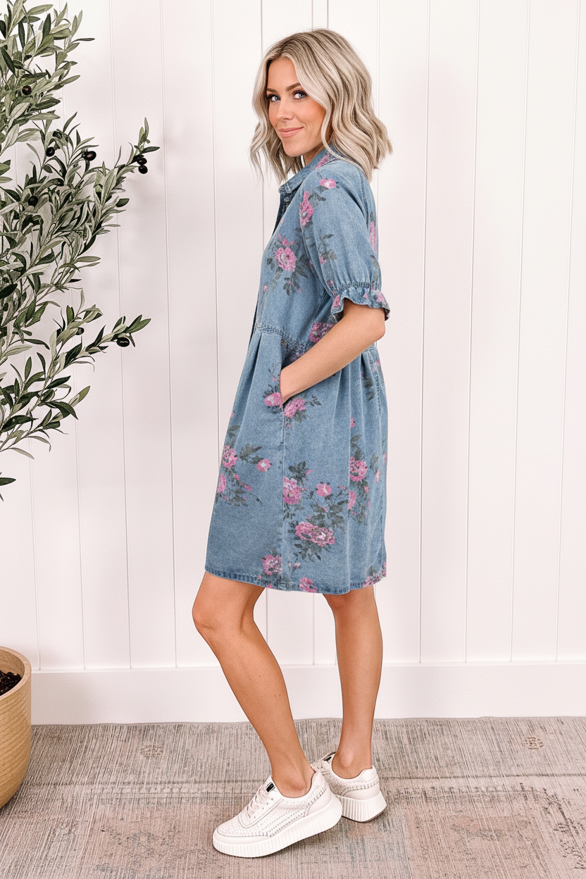 Sky blue floral denim shirt dress 3/4 back view showing ruffled cuff sleeves, A-line shift silhouette, and all-over pink rose print on enzyme-washed denim