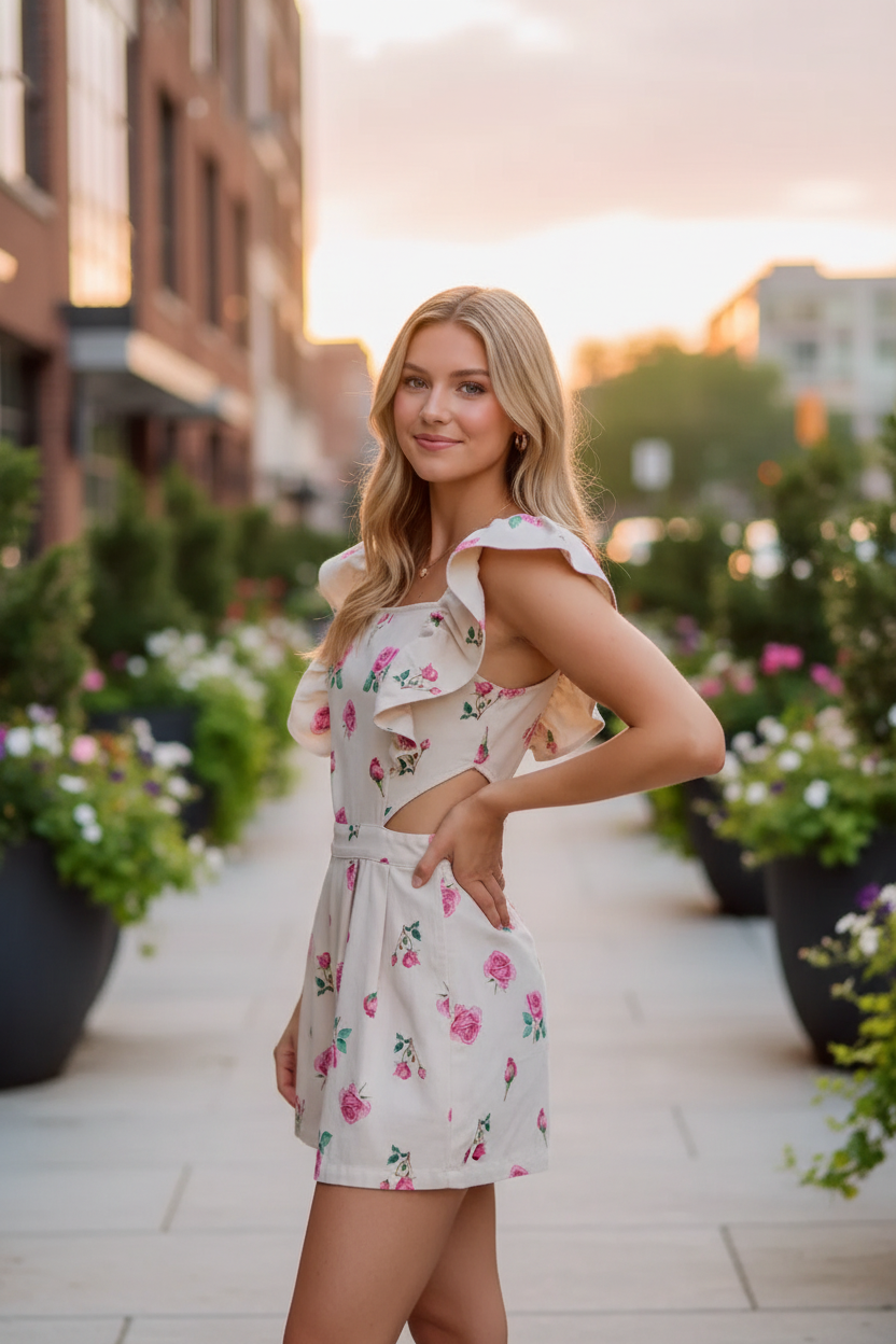 Floral denim romper with waist cutout and ruffle trim in ivory and pink
